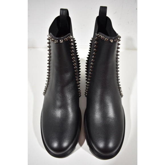 Christian Louboutin Out Lina Spike Lug Flat Black Calf Chelsea Ankle Boot 37.5 - Picture 6 of 12